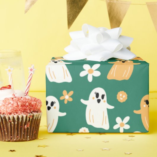 Schattigee Halloween Ghost bloemenpatroon Cadeaupapier (Verjaardagsfeest)