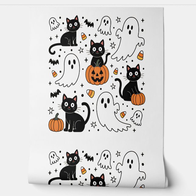 Schattigee Halloween Ghost Boo Cat Behang (Afrollen)