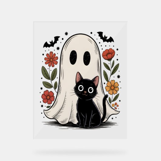 Schattigee Halloween Ghost & Cat Acryl Bord (Voorkant)