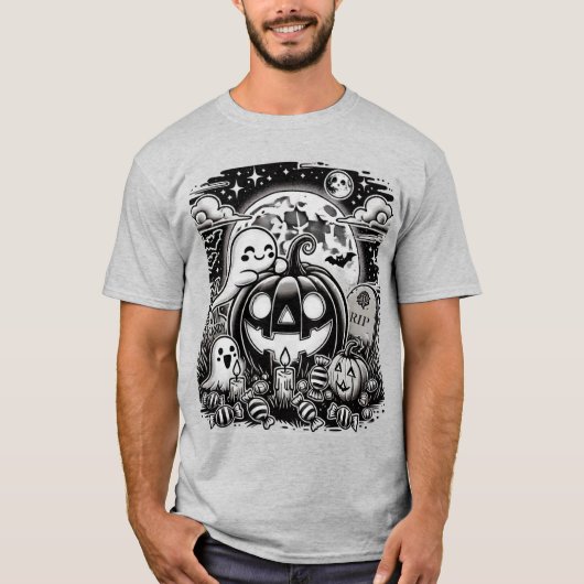 Schattigee Halloween Ghost en pompoen T-shirt (Voorkant)