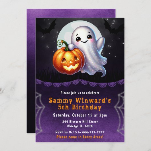 Schattigee Halloween Ghost en Pumpkin Verjaardagsf Kaart (Voorkant / Achterkant)