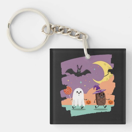 Schattigee Halloween Ghost en Snoep Vrienden Sleutelhanger (voorkant)