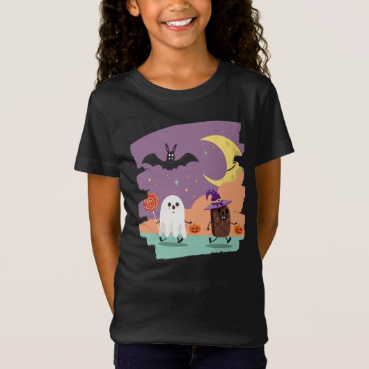 Schattigee Halloween Ghost en Snoep Vrienden T-shirt (Voorkant)