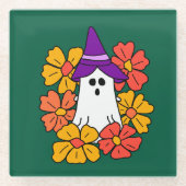 Schattigee Halloween Ghost Flower Krans Glazen Onderzetter (Voorkant)