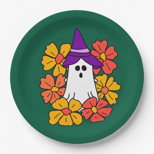 Schattigee Halloween Ghost Flower Krans Papieren Bordje (Voorkant)