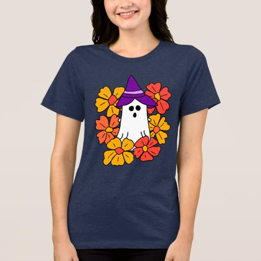 Schattigee Halloween Ghost Flower Krans Tri-Blend Shirt (Voorkant)