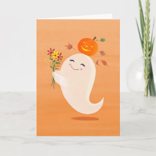 Schattigee Halloween Ghost & Flowers Kaart (Voorkant)