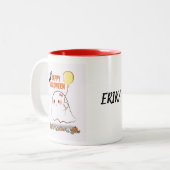 Schattigee Halloween Ghost Holding Balloon Tweekleurige Koffiemok (Voorkant links)