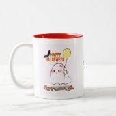 Schattigee Halloween Ghost Holding Balloon Tweekleurige Koffiemok (Links)