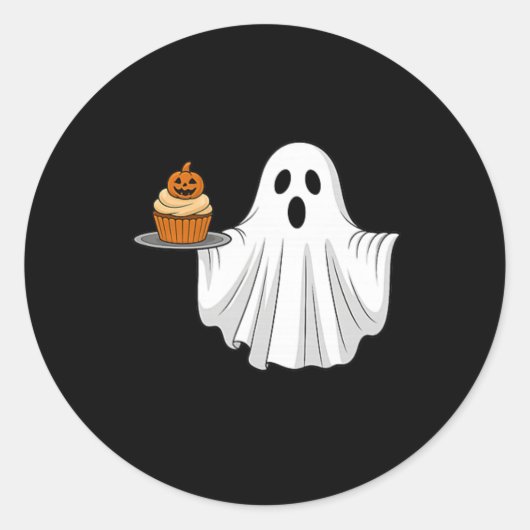 Schattigee Halloween Ghost Holding Pumpkin Cupcake Ronde Sticker (Voorkant)