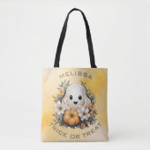 Schattigee Halloween Ghost in Flower Patch met pom Tote Bag (Voorkant)
