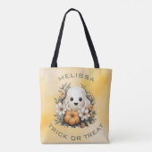 Schattigee Halloween Ghost in Flower Patch met pom Tote Bag (Achterkant)