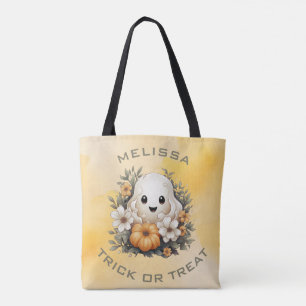 Schattigee Halloween Ghost in Flower Patch met pom Tote Bag