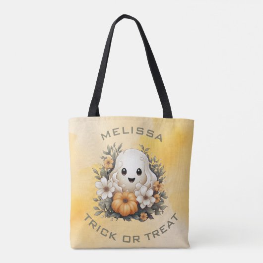 Schattigee Halloween Ghost in Flower Patch met pom Tote Bag (Achterkant)