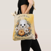 Schattigee Halloween Ghost in Flower Patch met pom Tote Bag (Dichtbij)