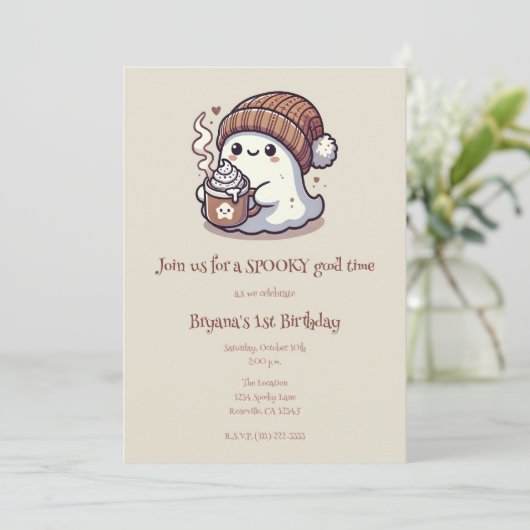 Schattigee Halloween Ghost in Herfst Beanie & Hot  Kaart (Staand voorkant)