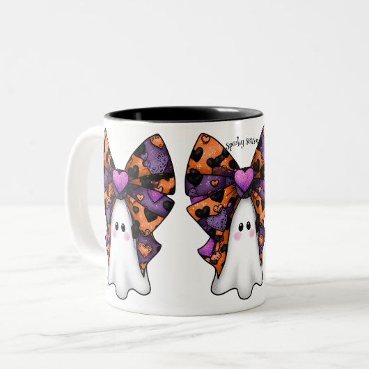 Schattigee Halloween Ghost met Big Bow Tweekleurige Koffiemok (Voorkant links)
