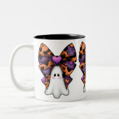 Schattigee Halloween Ghost met Big Bow Tweekleurige Koffiemok (Links)