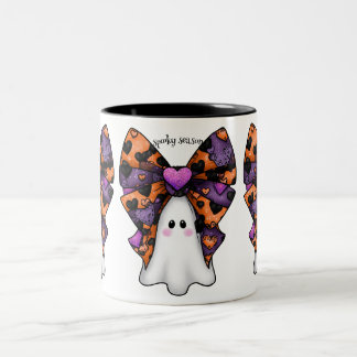 Schattigee Halloween Ghost met Big Bow Tweekleurige Koffiemok