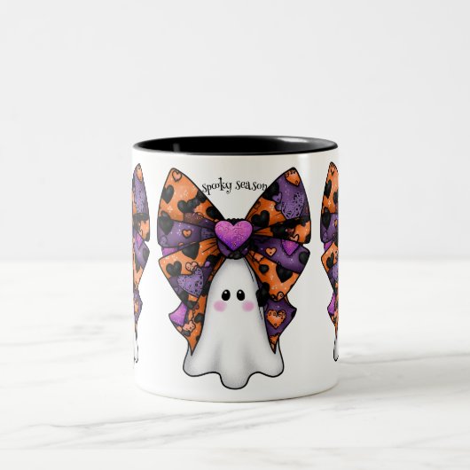Schattigee Halloween Ghost met Big Bow Tweekleurige Koffiemok (Center)