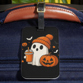 Schattigee Halloween Ghost met pompoen en Drink Bagagelabel