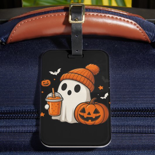 Schattigee Halloween Ghost met pompoen en Drink Bagagelabel (Voorkant Insitu 2)