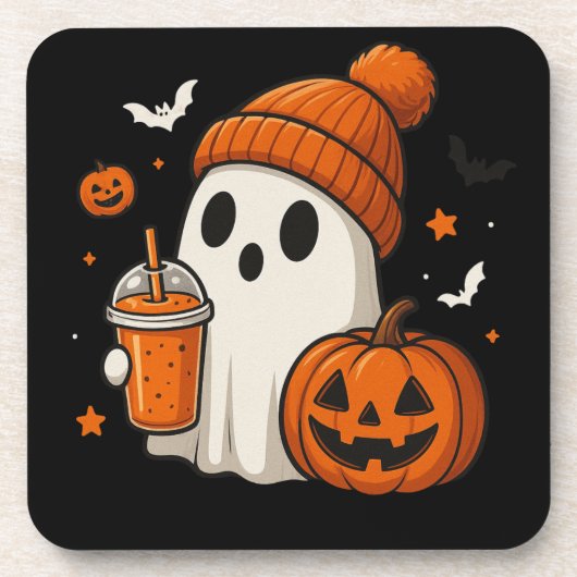 Schattigee Halloween Ghost met pompoen en Drink Bier Onderzetter (Voorkant)