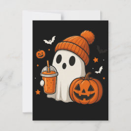 Schattigee Halloween Ghost met pompoen en Drink Briefkaart