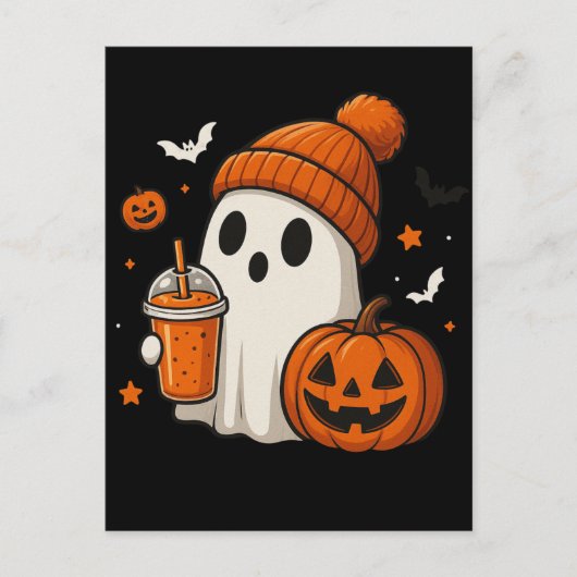 Schattigee Halloween Ghost met pompoen en Drink Briefkaart (Voorkant)