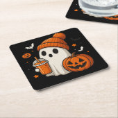 Schattigee Halloween Ghost met pompoen en Drink Kartonnen Onderzetters (Schuin)