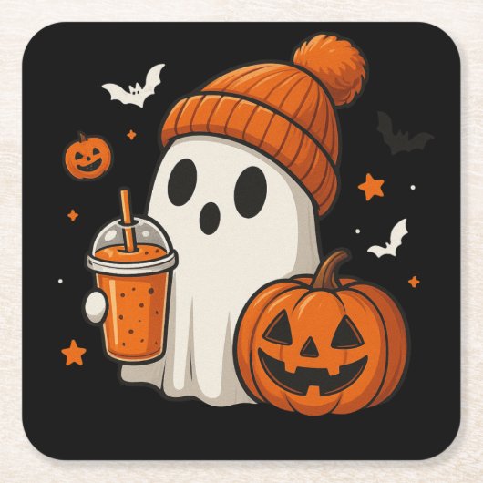 Schattigee Halloween Ghost met pompoen en Drink Kartonnen Onderzetters (Voorkant)