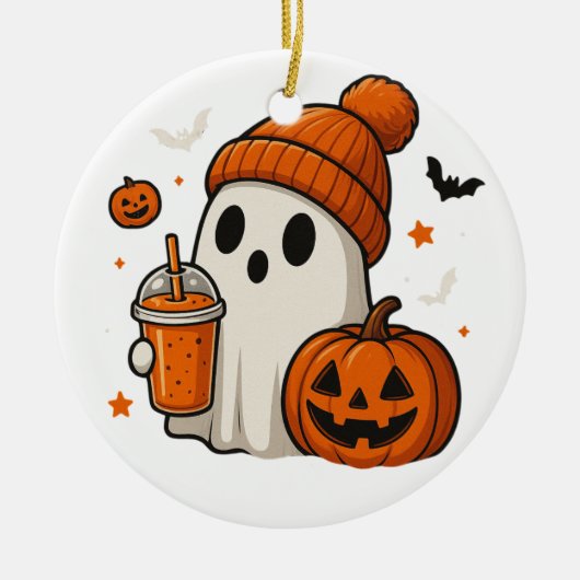 Schattigee Halloween Ghost met pompoen en Drink Keramisch Ornament (Voorkant)