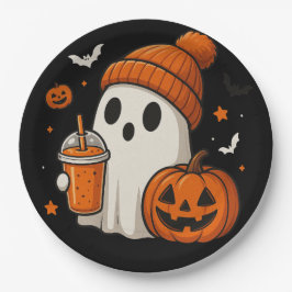Schattigee Halloween Ghost met pompoen en Drink Papieren Bordje