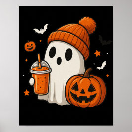 Schattigee Halloween Ghost met pompoen en Drink Poster