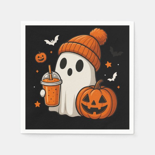 Schattigee Halloween Ghost met pompoen en Drink Servet (Voorkant)