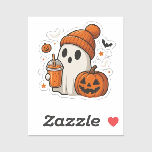 Schattigee Halloween Ghost met pompoen en Drink Sticker (Vel)