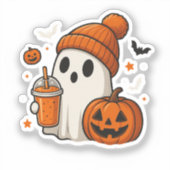 Schattigee Halloween Ghost met pompoen en Drink Sticker (Voorkant)