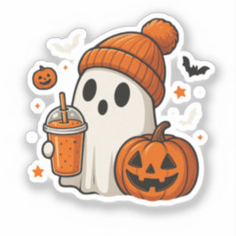 Schattigee Halloween Ghost met pompoen en Drink Sticker