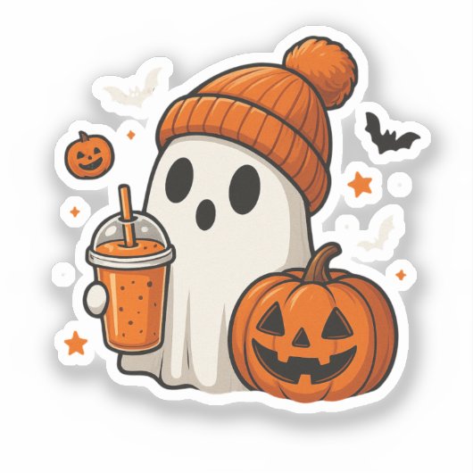 Schattigee Halloween Ghost met pompoen en Drink Sticker (Voorkant)