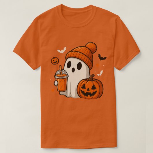Schattigee Halloween Ghost met pompoen en Drink T-shirt (Design voorkant)