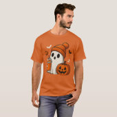 Schattigee Halloween Ghost met pompoen en Drink T-shirt (Voorkant volledig)