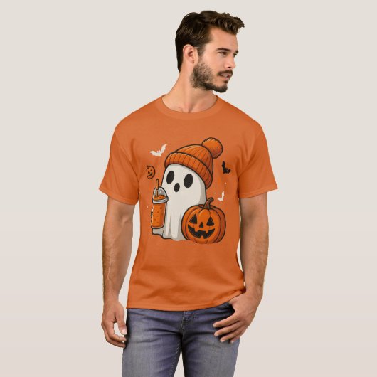 Schattigee Halloween Ghost met pompoen en Drink T-shirt (Voorkant volledig)