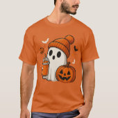 Schattigee Halloween Ghost met pompoen en Drink T-shirt (Voorkant)