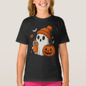 Schattigee Halloween Ghost met pompoen en Drink T-shirt (Voorkant)