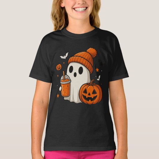 Schattigee Halloween Ghost met pompoen en Drink T-shirt (Voorkant)