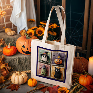 Schattigee Halloween Ghost, Pumpkin, Zombie & Cat Grote Tote Bag