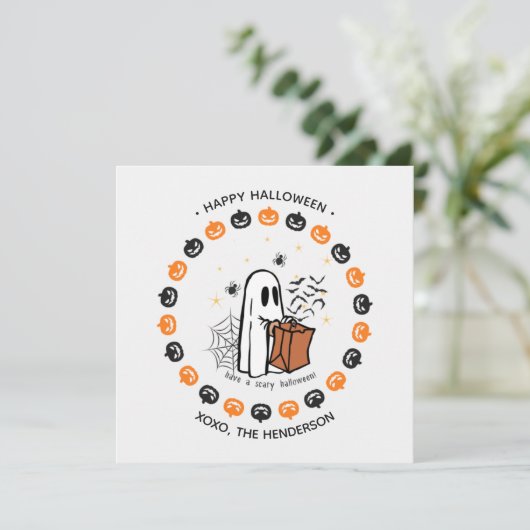 Schattigee Halloween Ghost Round Sticker Trick or  Kaart (Staand voorkant)