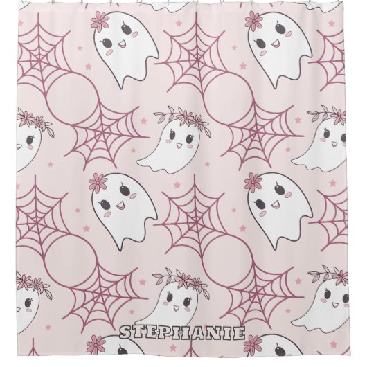 Schattigee Halloween Ghost & Spiderweb Pattern (2) Douchegordijn (Voorkant)