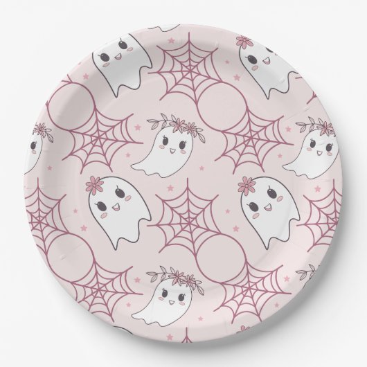 Schattigee Halloween Ghost & Spiderweb Pattern (2) Papieren Bordje (Voorkant)