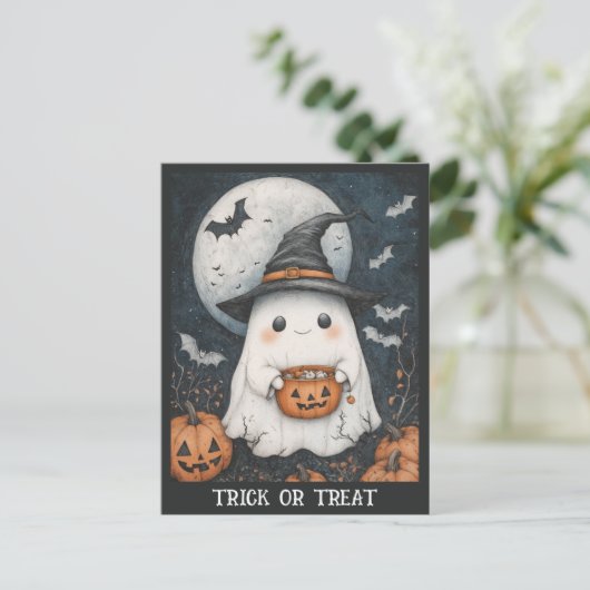 Schattigee Halloween Ghost Trick or treat Pompoen Briefkaart (Staand voorkant)